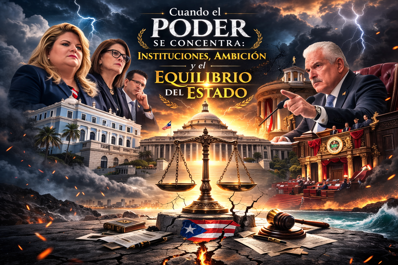 Equilibrio del poder entre el Senado de Puerto Rico y La Fortaleza representado por una balanza de justicia en medio de la tensión institucional