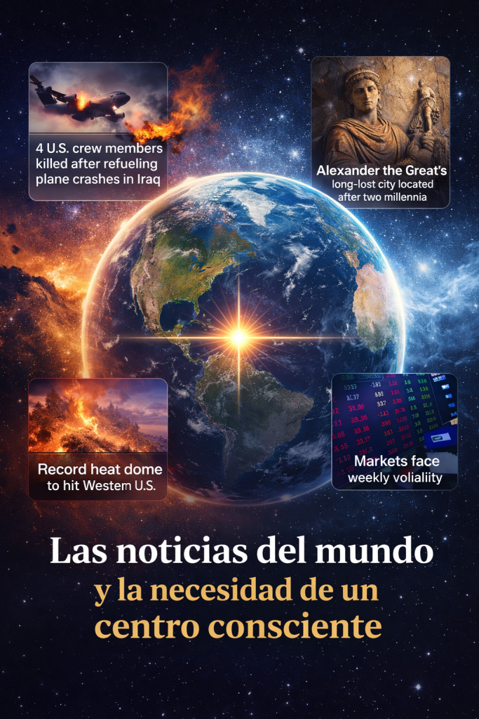 Centro consciente interpretando las noticias del mundo: guerra, descubrimientos históricos, clima y mercados globales