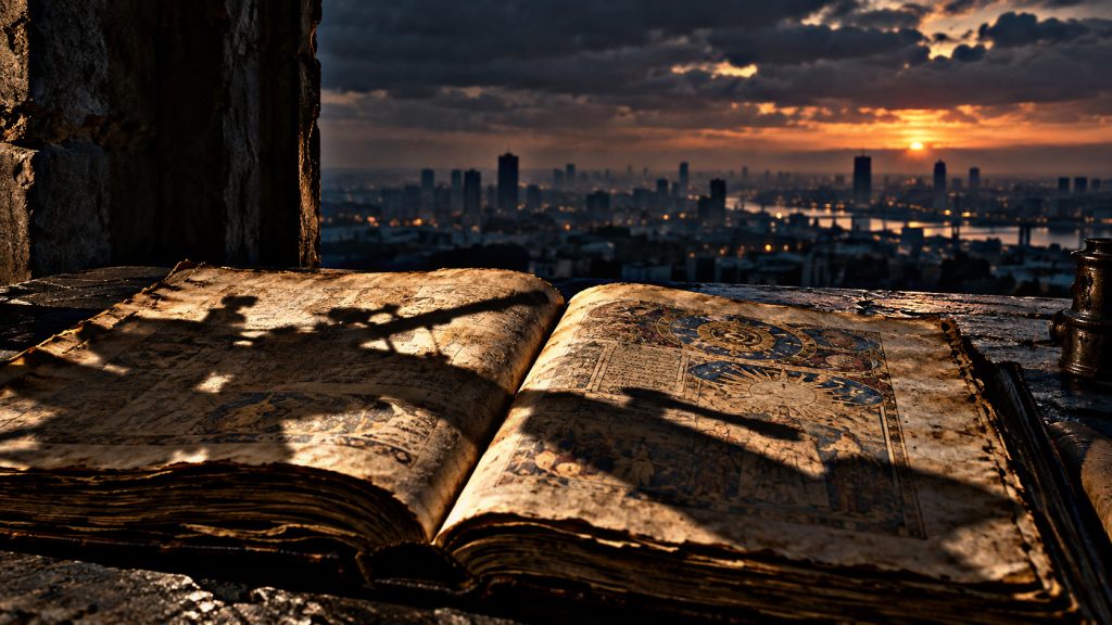 Un manuscrito antiguo bajo una sombra, frente a una ciudad al anochecer: la profecía bajo la sombra de la guerra.