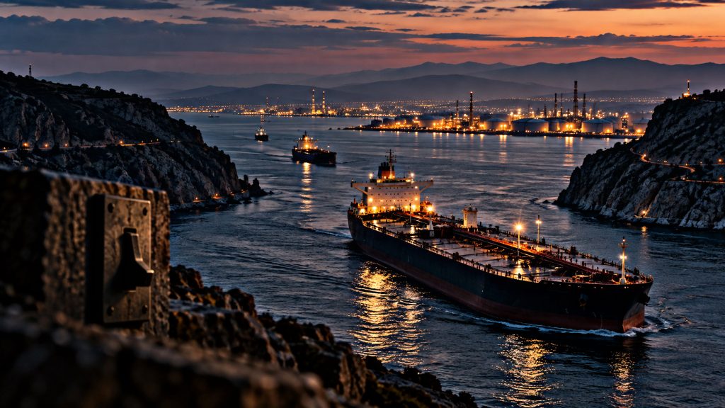 Un buque petrolero cruza un estrecho junto a una costa iluminada: la dependencia de una ruta energética controlada por otros.
