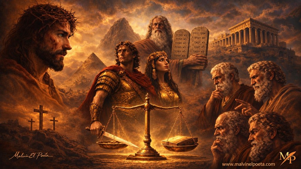Cristo ante una balanza custodiada por Moisés, Alejandro, Cleopatra y filósofos clásicos, símbolo del examen de la fe, la historia y la razón